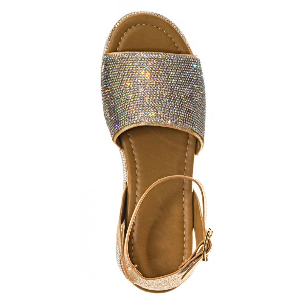 NEW Sparkling Rainbow Rhinestone Open Toe Sandals Flat Platform Heel Ankle Strap - Picture 8 of 11